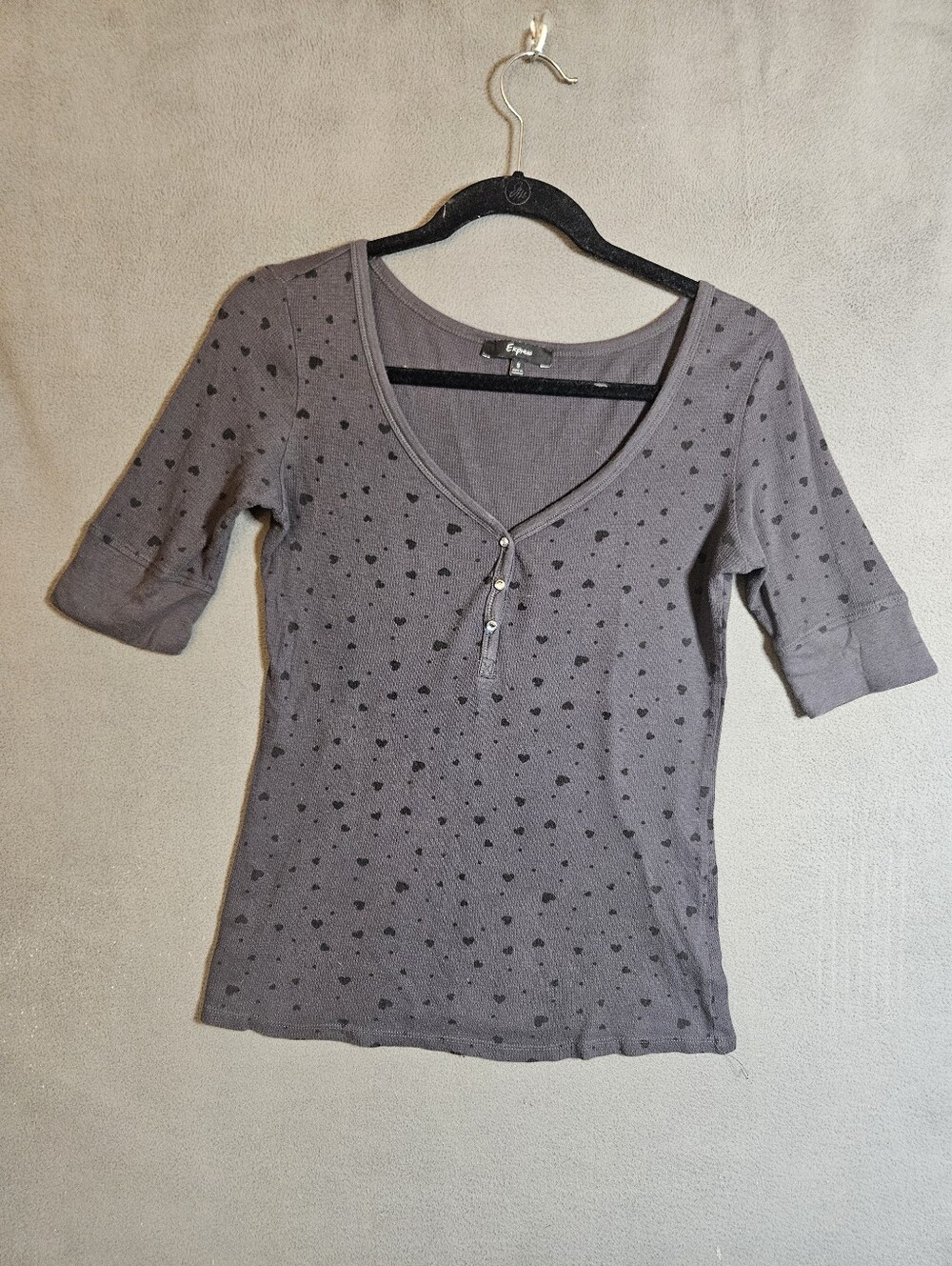 Express Y2K Womens Small Henley Shirt Gray Stars Half Sleeve Waffle Grunge